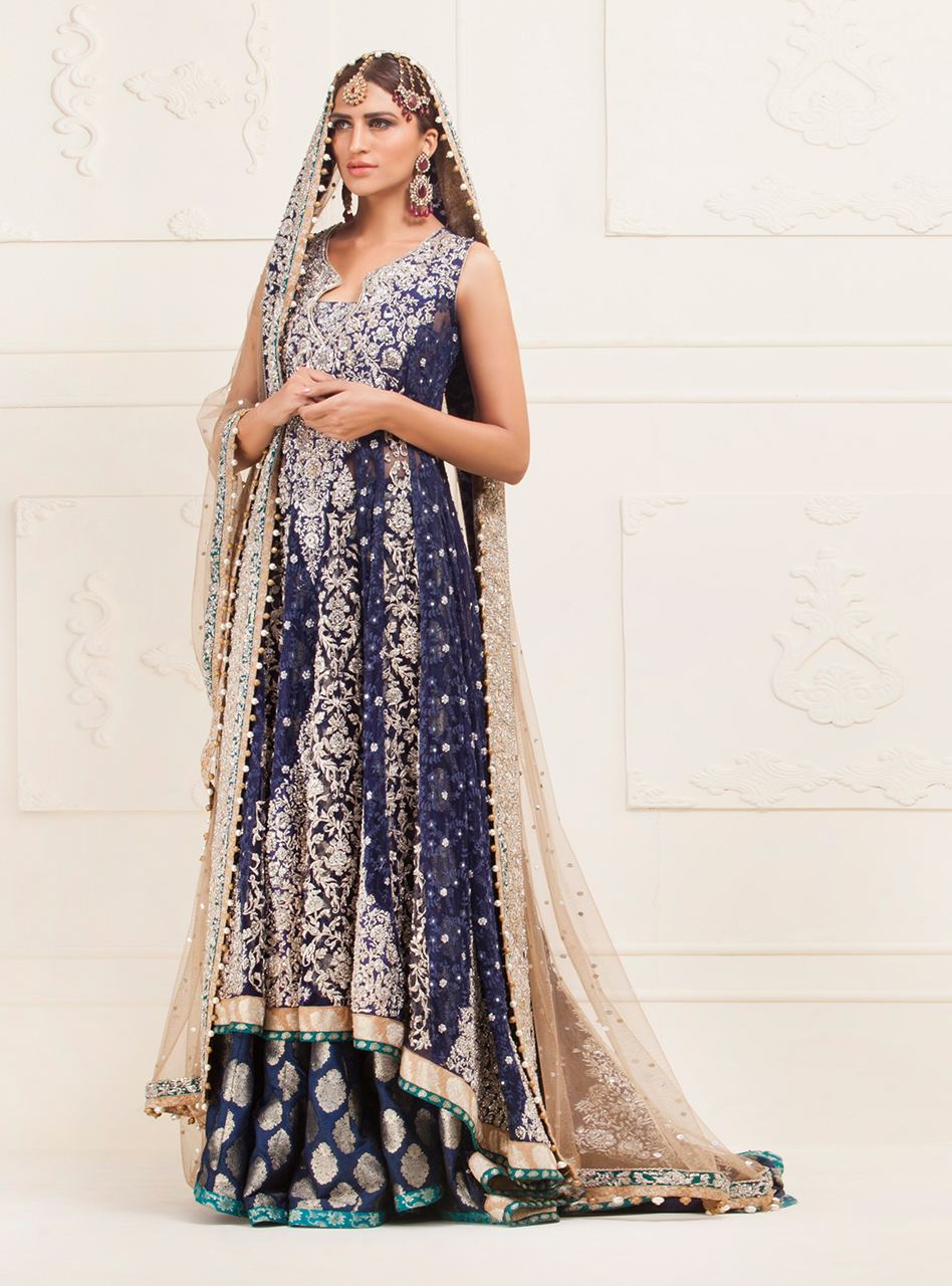 Navy Blue Floral Paneled Net Dress