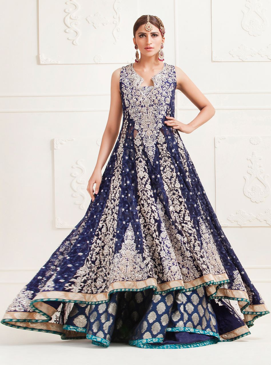 Navy Blue Floral Paneled Net Dress
