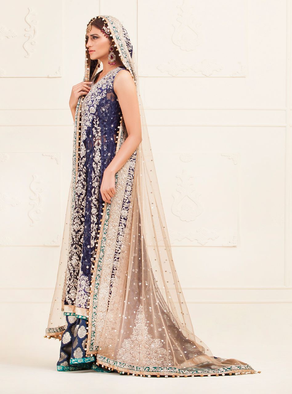 Navy Blue Floral Paneled Net Dress