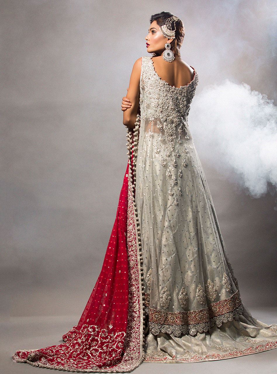 Grey Net Shirt And Lehnga With Red Dupatta
