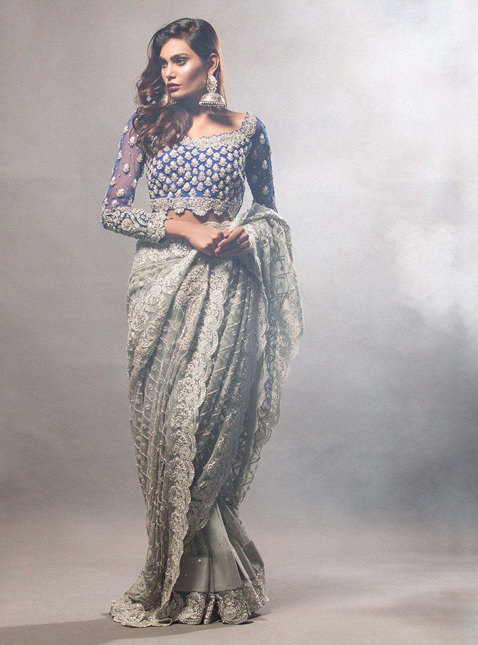 Grey Saree With Cobalt Blue Blouse