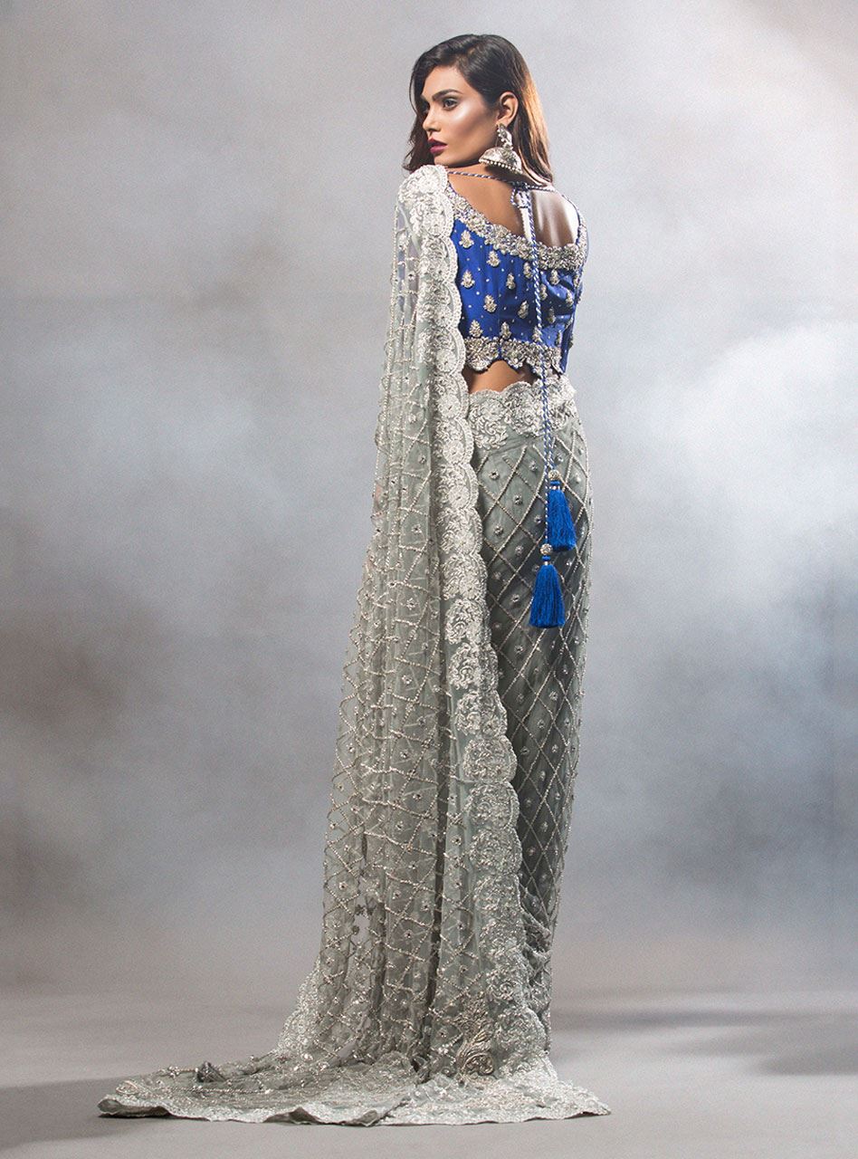 Grey Saree With Cobalt Blue Blouse