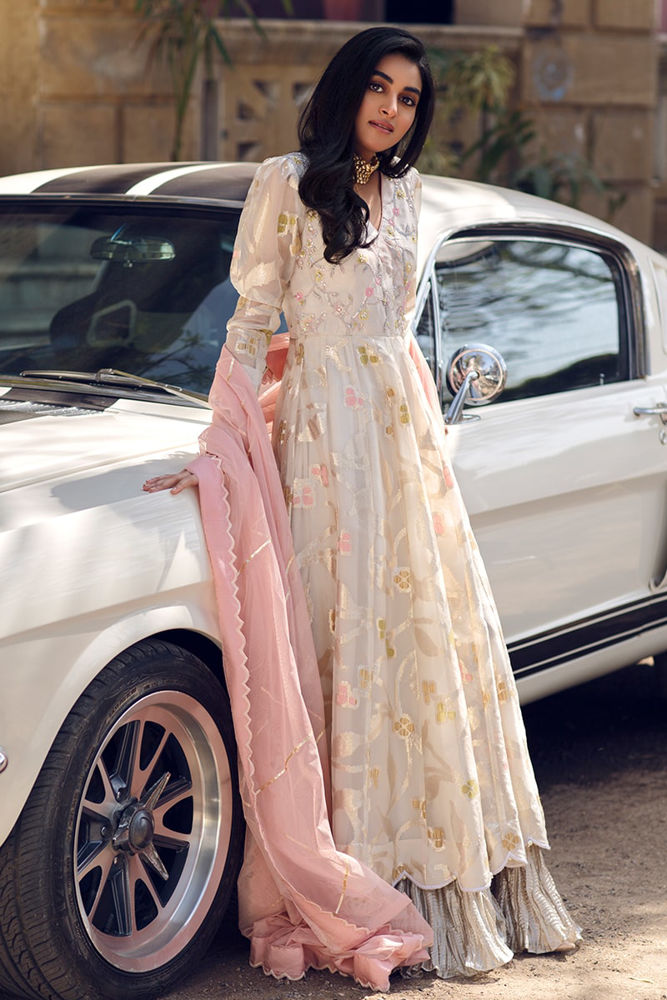 Floral White Anarkali and Dupatta With Pants
