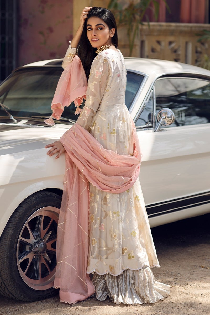 Floral White Anarkali and Dupatta With Pants