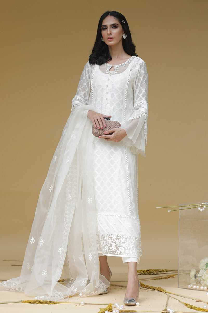 White shadow Shirt and Dupatta With Pants