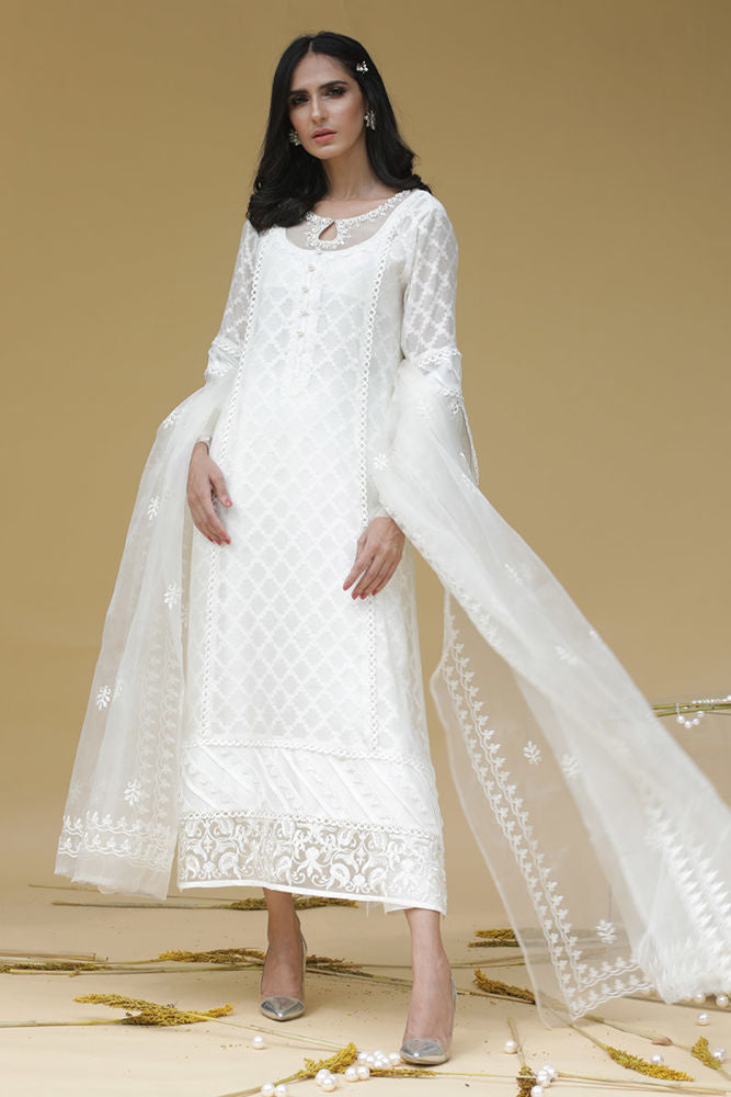 White shadow Shirt and Dupatta With Pants