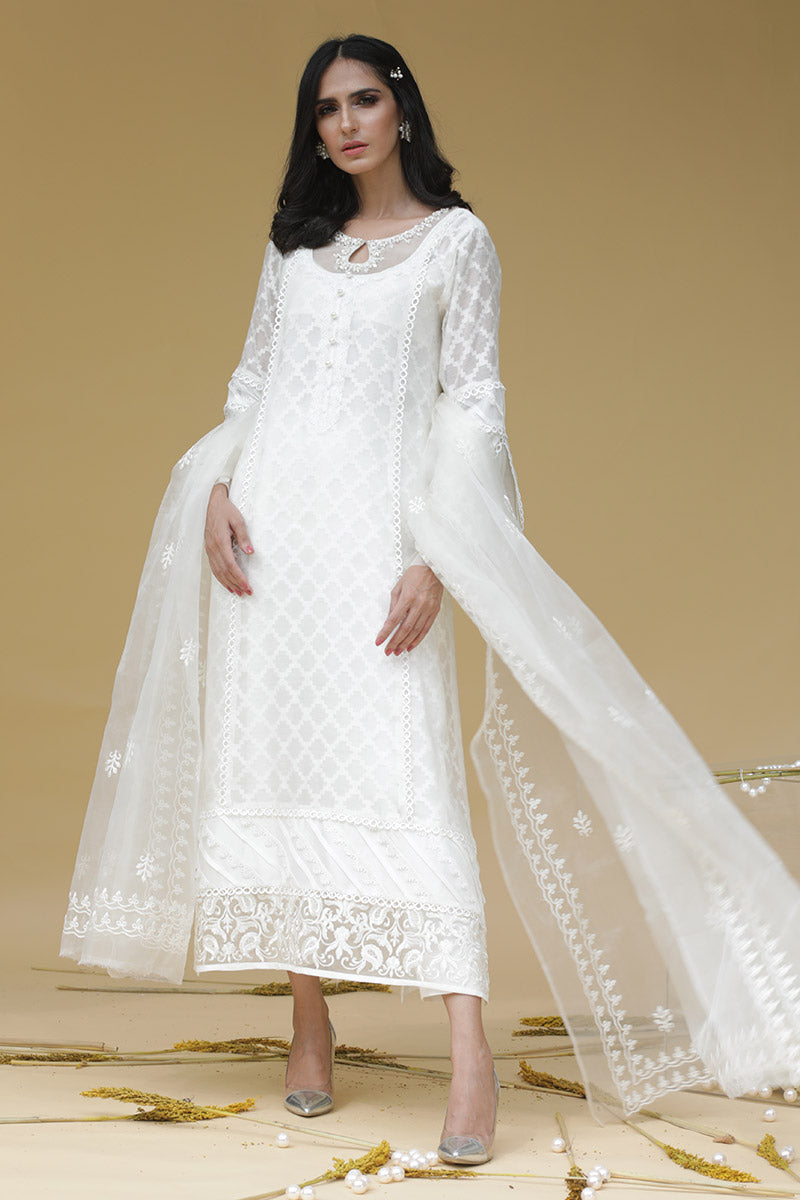 White shadow Shirt and Dupatta With Pants