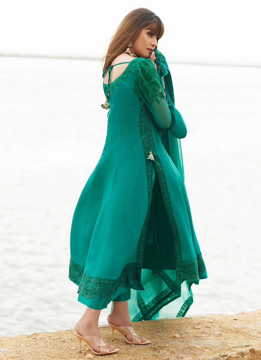 Emerald silk Kalidaar with pure organza embroidered dupatta - FTA-S20-01