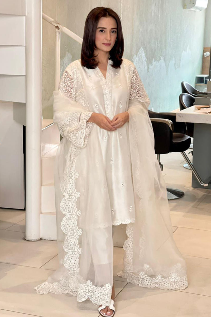 White Bird Shirt and Dupatta With Pants