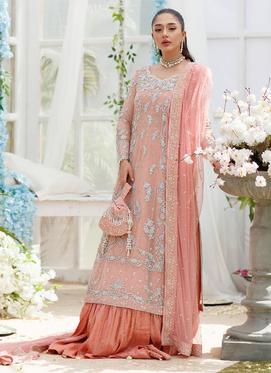 Cora Coral Peach Paneled Shirt With Embellished With Crush Flair Mazi