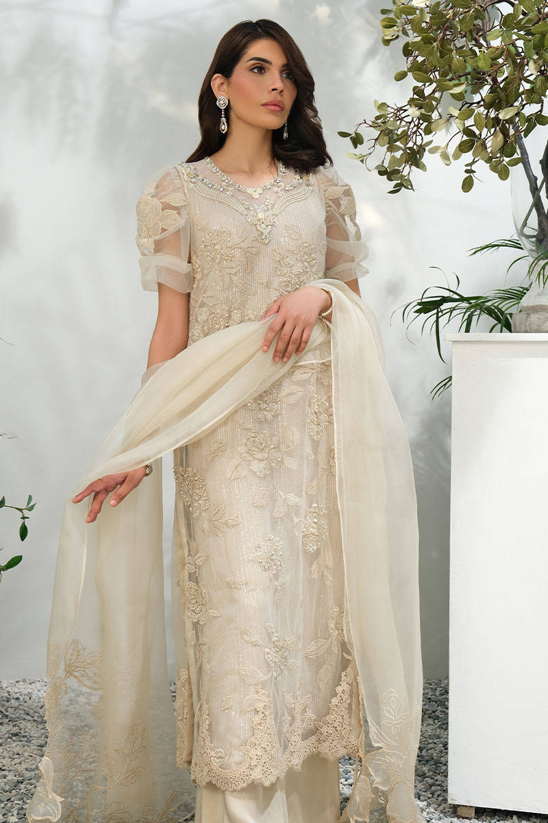 Cream Rose Net With Pants And Dupatta
