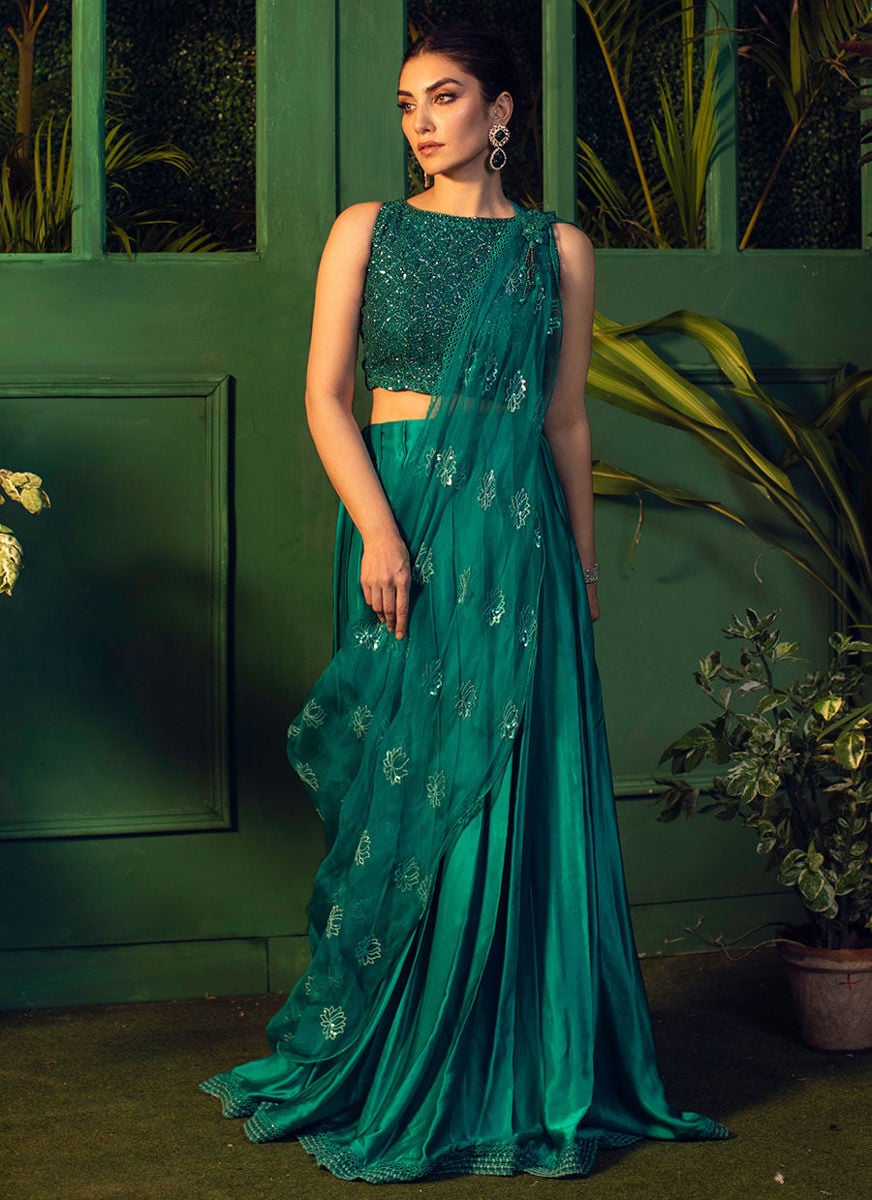 Persian Emerald Draped Lehenga Choli