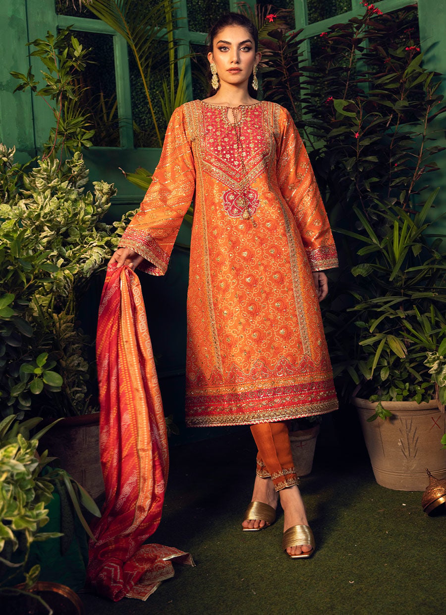 Sima Orange And Red Chunri Kurta With Chunri Dupatta