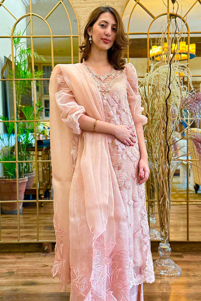Tea Pink Rose Net with Pants and Dupatta