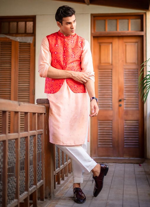 Creme Schiffli Kurta And Pajama - Peacock WaistCoat