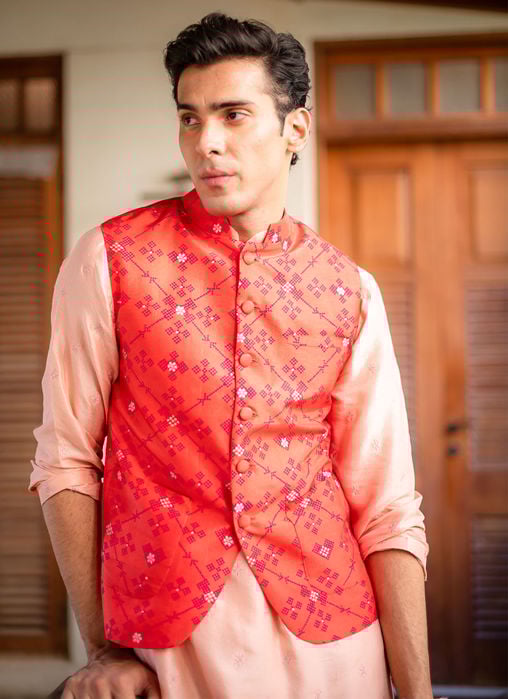 Creme Schiffli Kurta And Pajama - Peacock WaistCoat