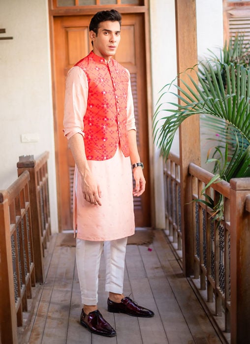 Creme Schiffli Kurta And Pajama - Peacock WaistCoat