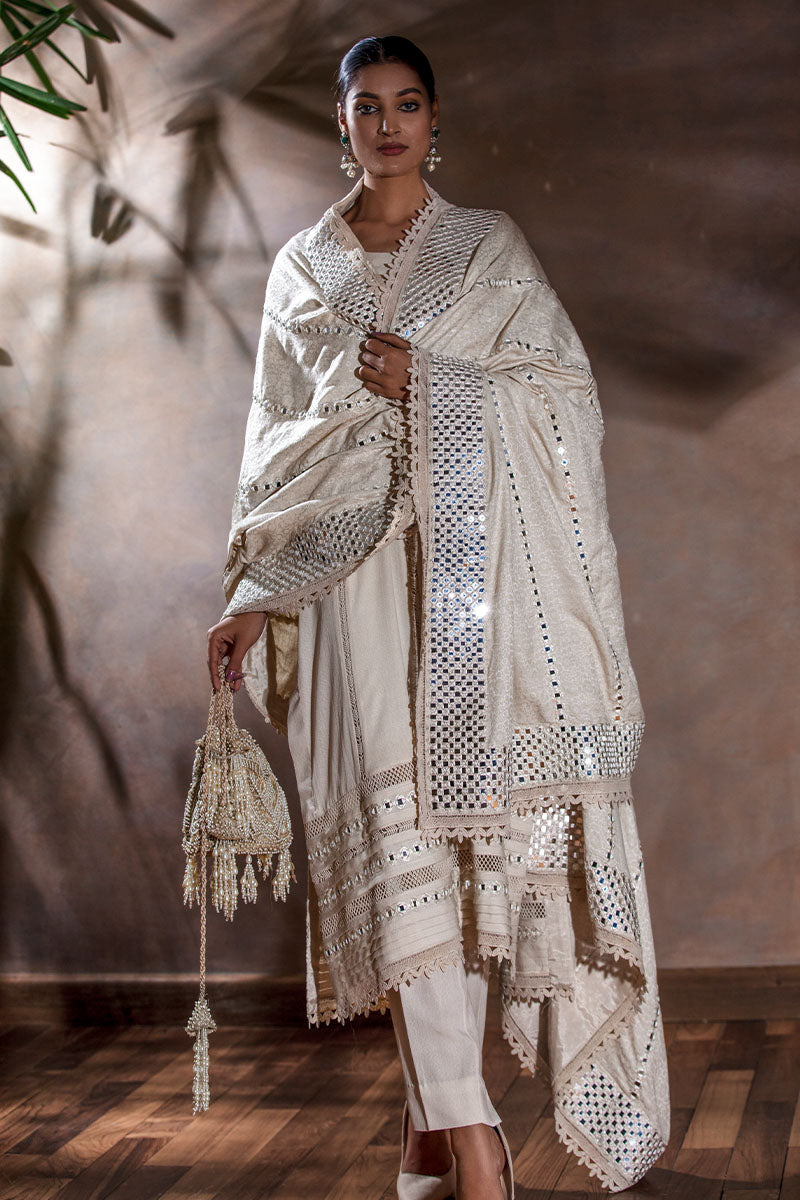 Mirror Work Shawl on Karandi Silk