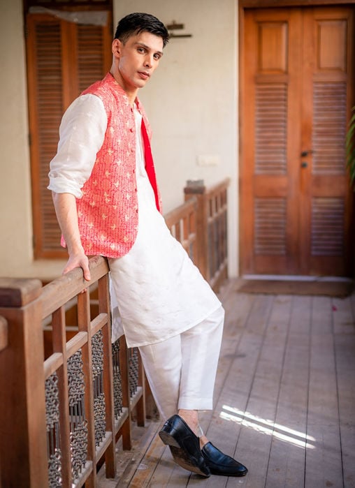 Creme Schiffli Kurta And Pajama - Peacock WaistCoat