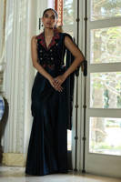 Teal Rose Velvet Blouse With Charmeuse Saree