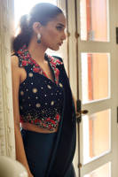 Teal Rose Velvet Blouse With Charmeuse Saree