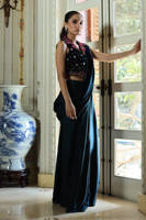 Teal Rose Velvet Blouse With Charmeuse Saree