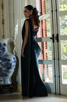 Teal Rose Velvet Blouse With Charmeuse Saree