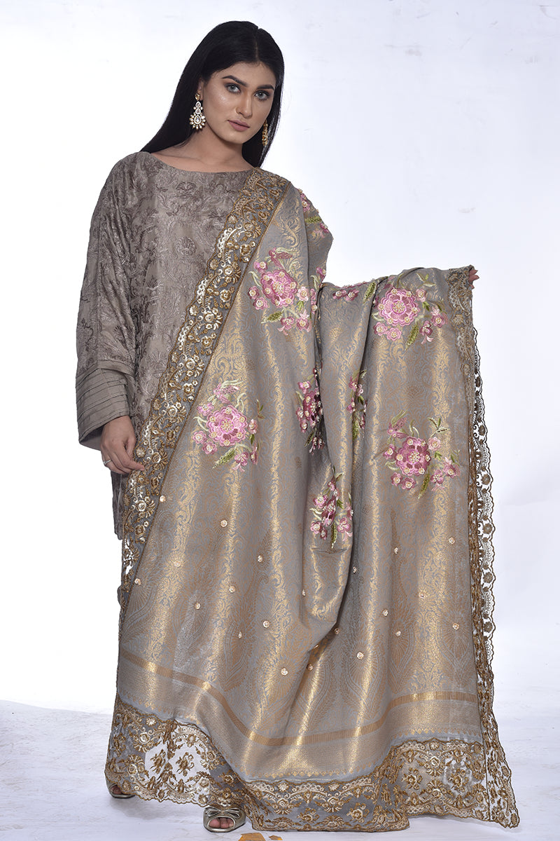 Silk Zari Shawl with Floral Embroidary and Gotta and Tilla Hand Work