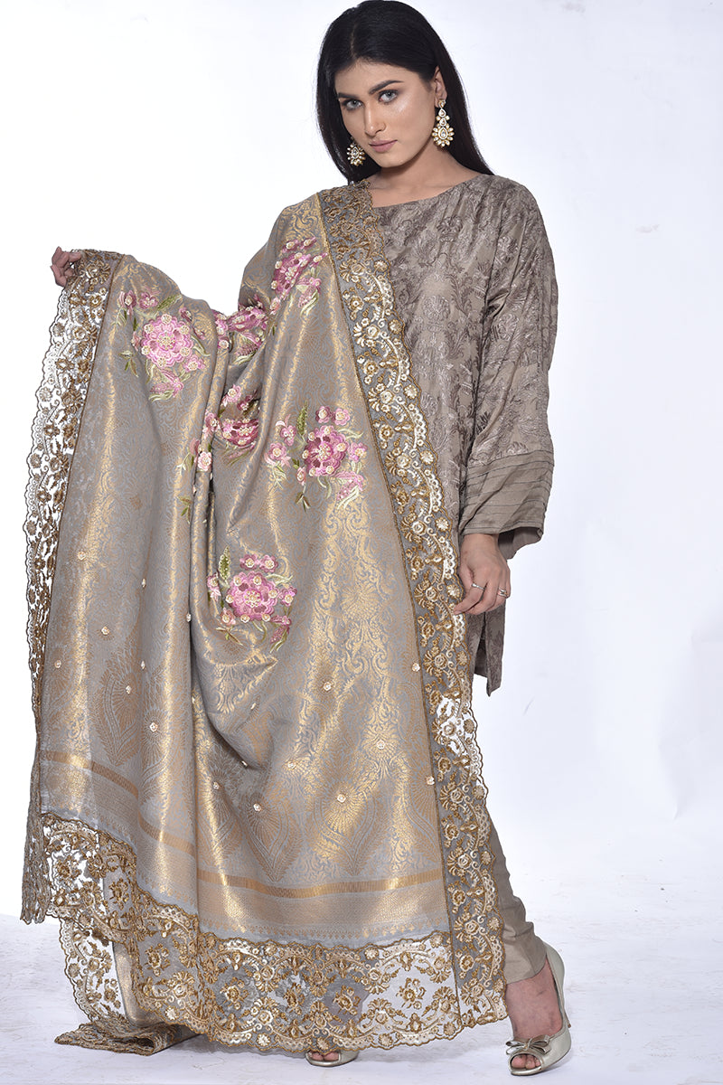 Silk Zari Shawl with Floral Embroidary and Gotta and Tilla Hand Work