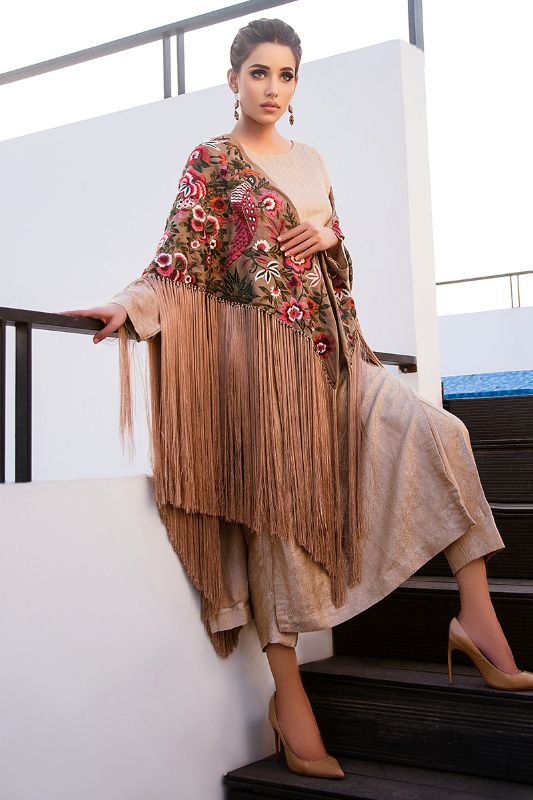 Gold Pink Floral Border Shawl (Heavy Formal)
