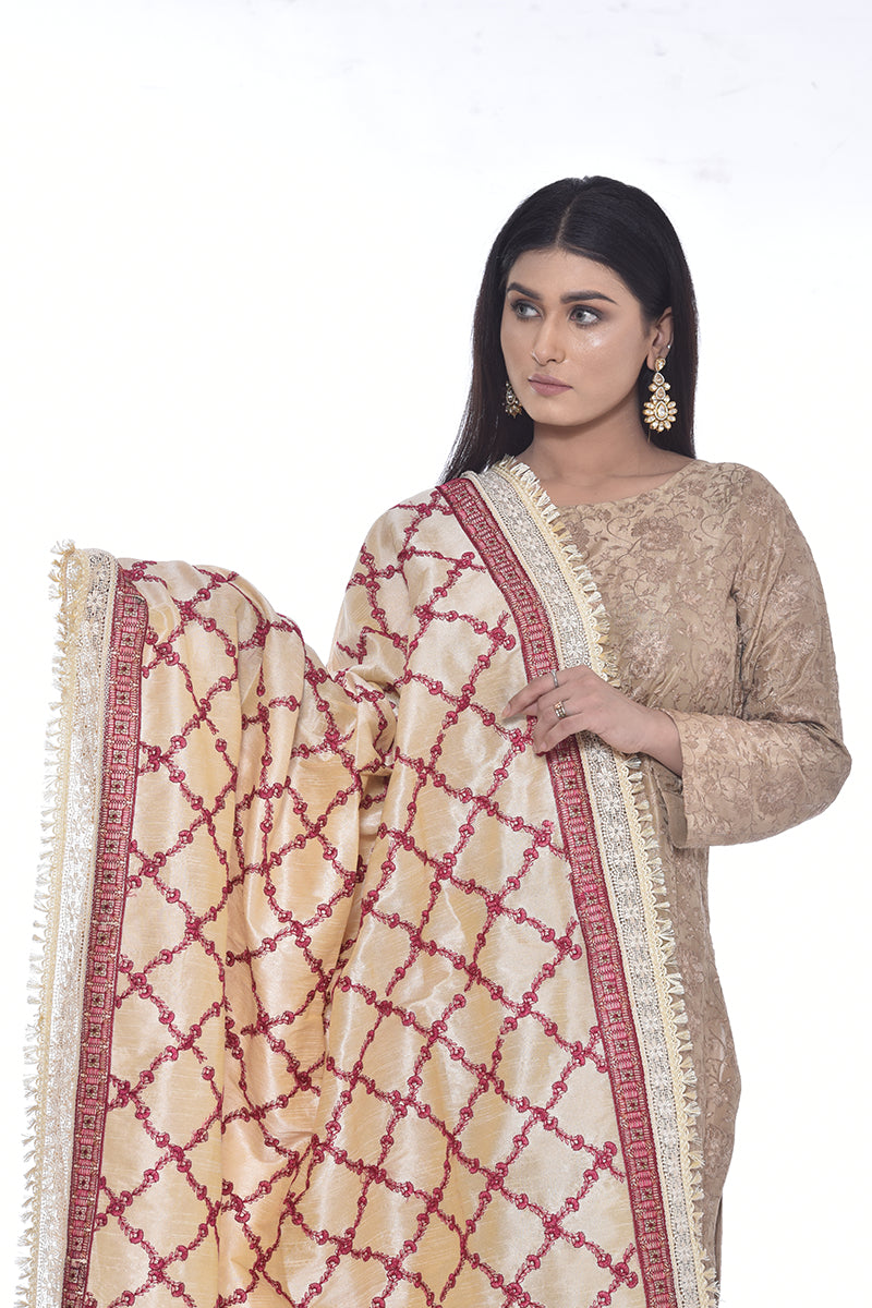 Fully Embroidered Raw Silk Shawl