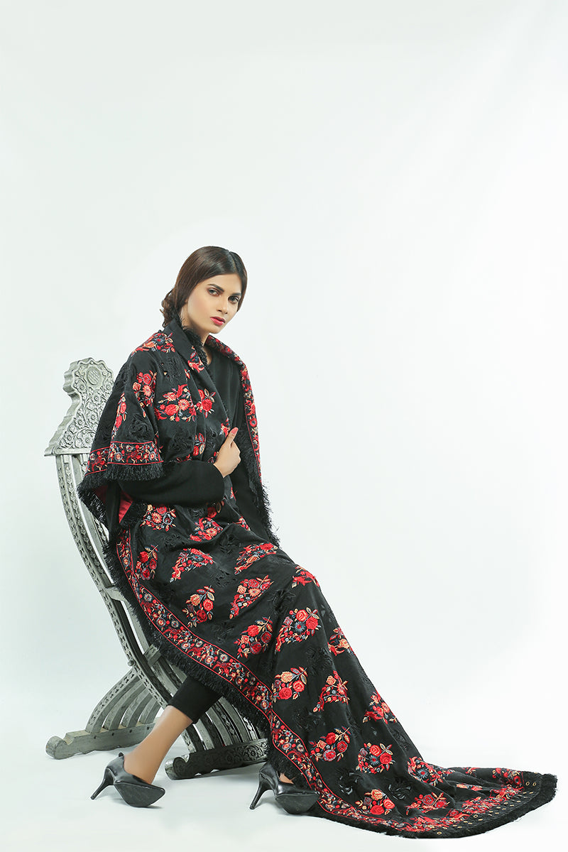 Black Raw Silk Shawl with Single Needle Embroidary and Cut Work