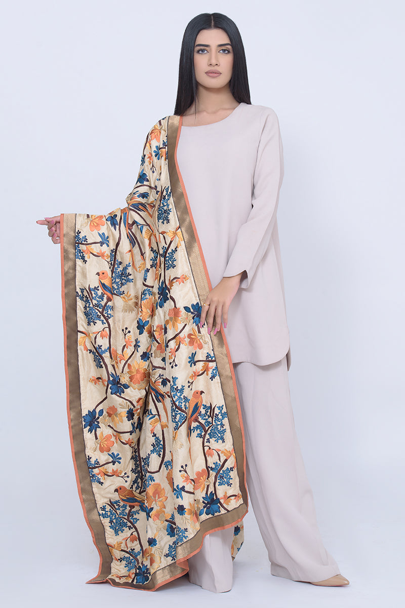 Off-White Silk Shawl with Rusty Shades Embroidary