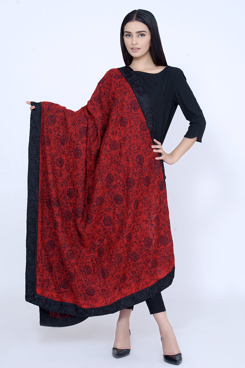 Deep Red Pashmina Floral Pattern Shawl
