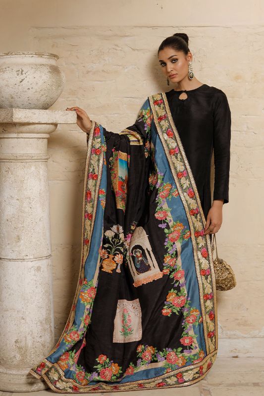 Black Raw Silk Shawl with Single Needle Embroidary and Cut Work
