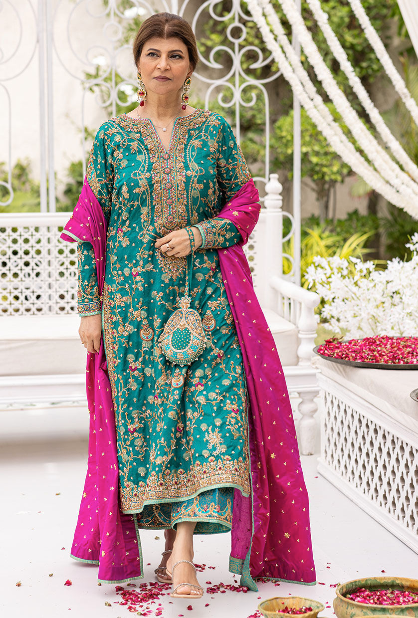 Farha Talib Aziz Wedding Festive Raw Silk Hand Embroidered Collection Unstitched Avisa Emerald Kurta