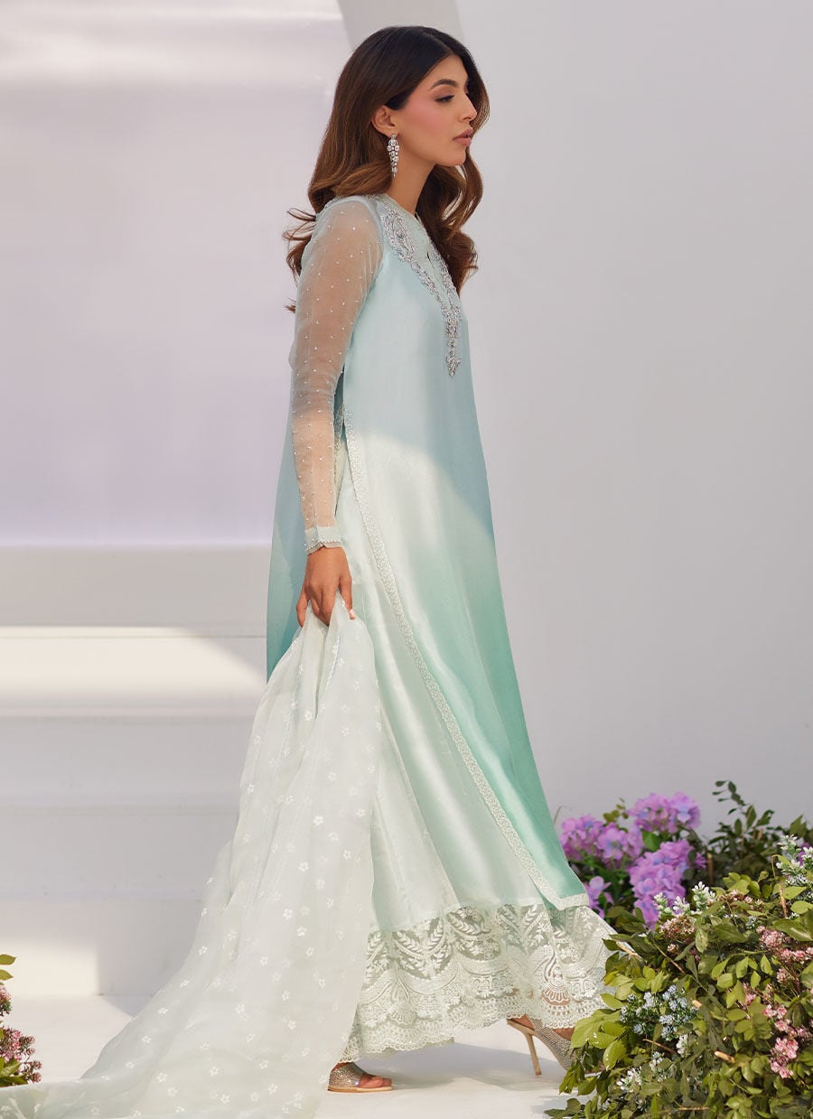Solene Aqua Ombre Embellished Column Shirt With Embroidered Kalidaar Slip