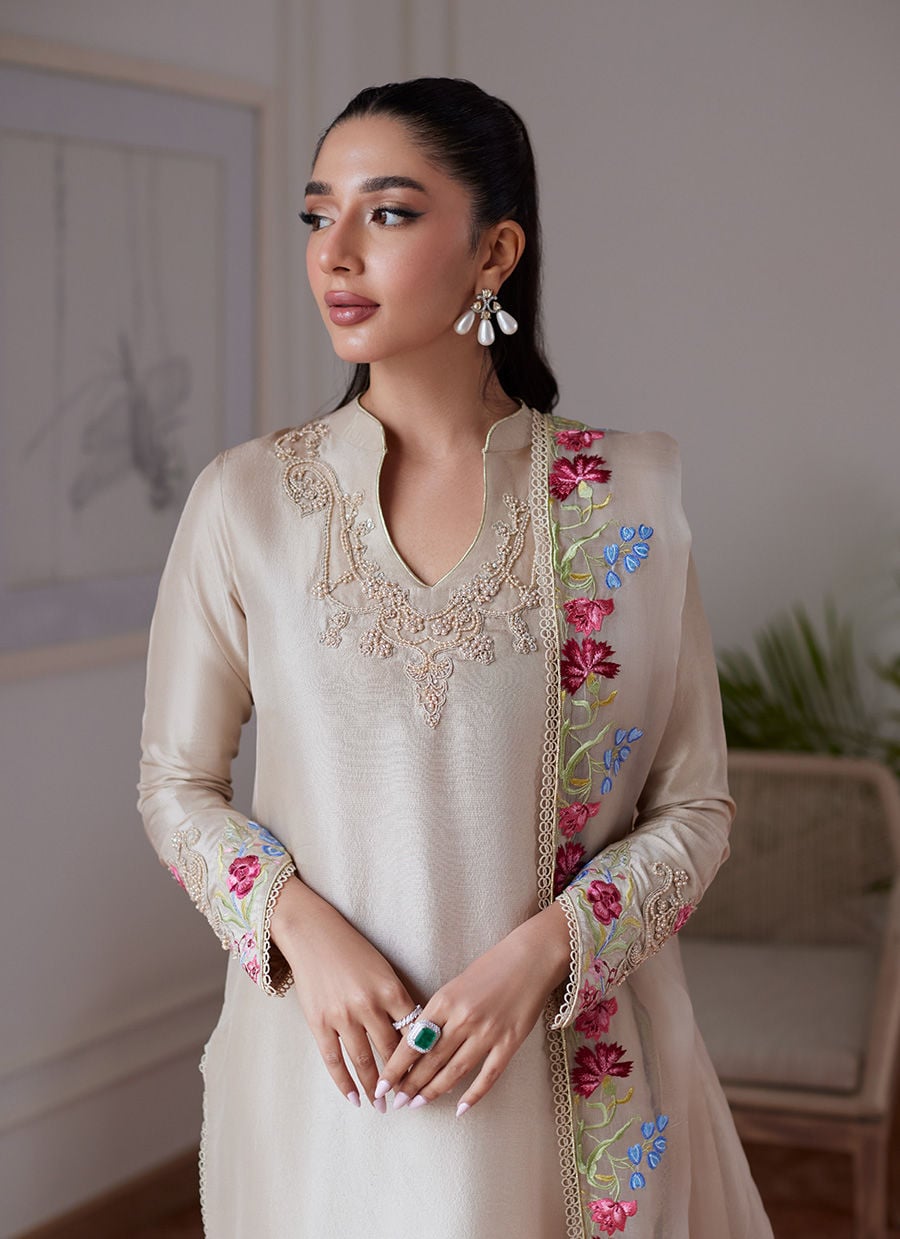 Liara Sand Embroidered Rawsilk Shirt And Dupatta