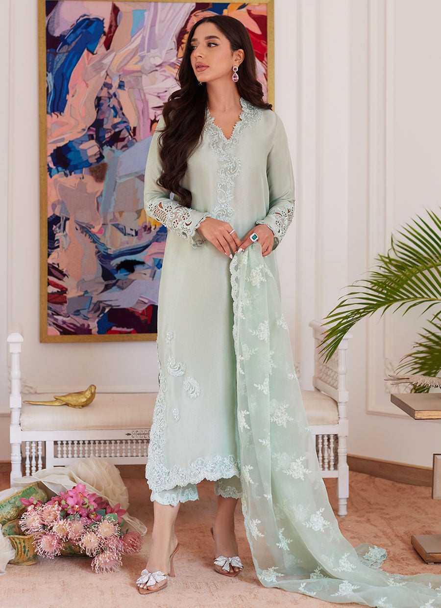 Liara Pistachio Embroidered Raw Silk Shirt With Dupatta