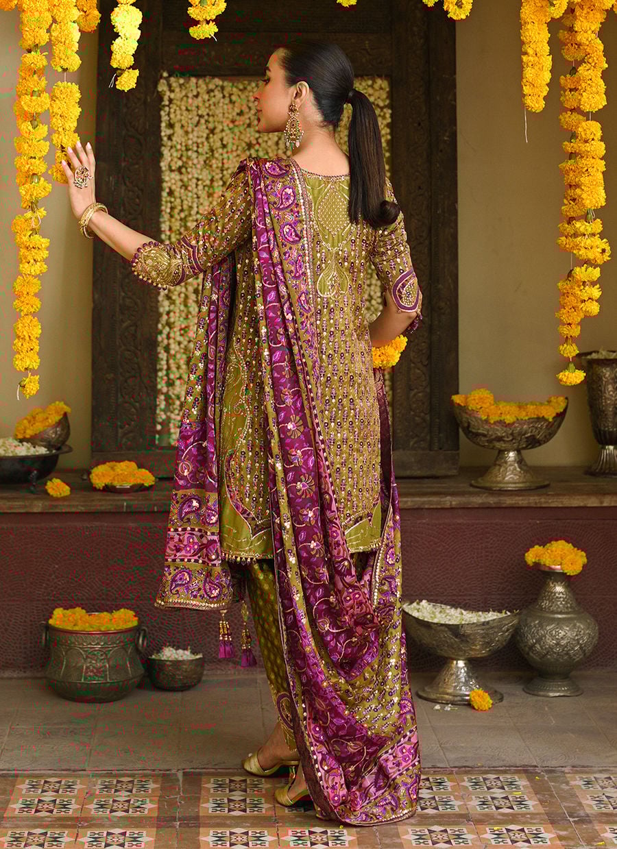 Alira Mehndi Green Kurta And Shalwar With Embellished Block Print Dupatta