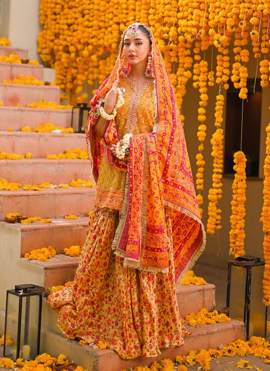 Losalie Saffaron Embellished Shirt Block Print Gharara And Dupatta