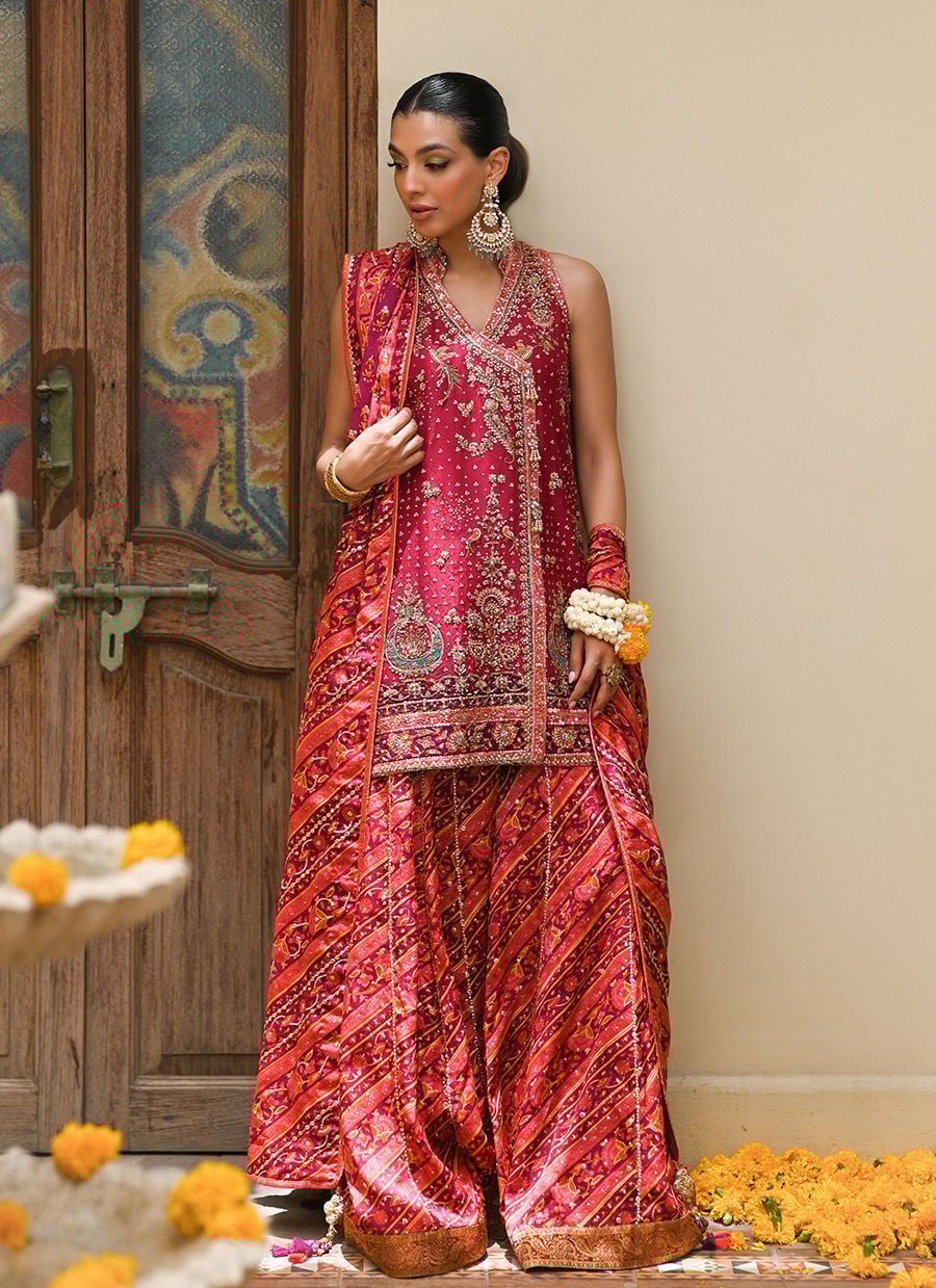 Primrose Crimson Angharkha, Embellished Do-Paincha Dhakha And Block Print Dupatta