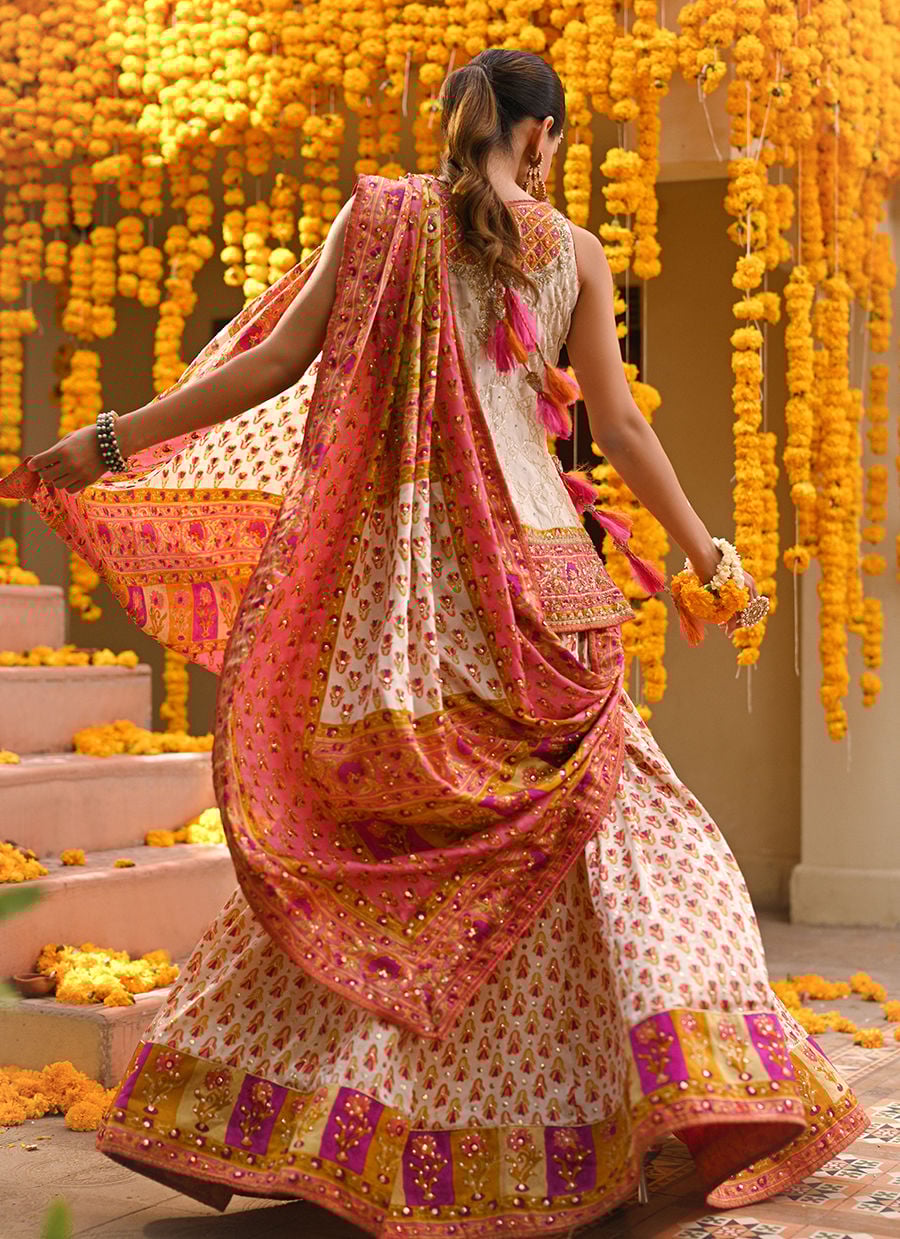 Marilla Ivory Short Shirt With Lengha And Block Printed Dupatta