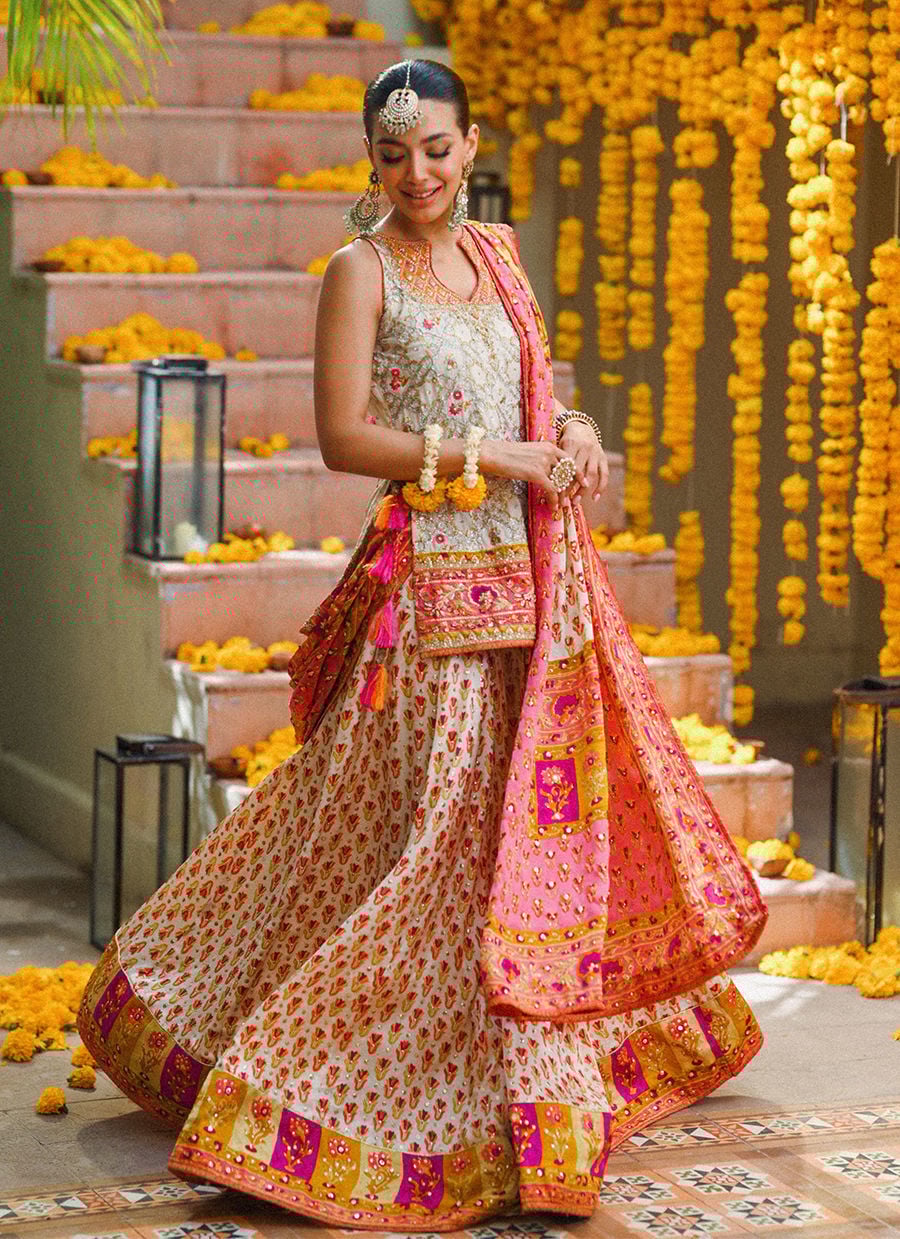 Marilla Ivory Short Shirt With Lengha And Block Printed Dupatta