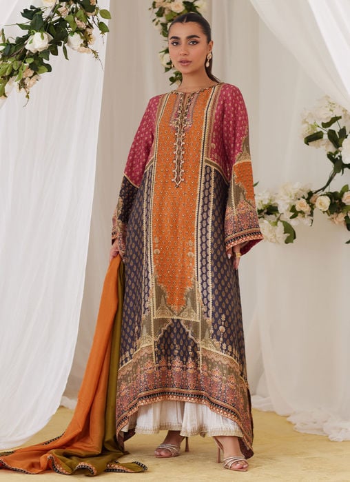 Roshan Printed Raw Silk Kurta With Silk Ombre Dupatta