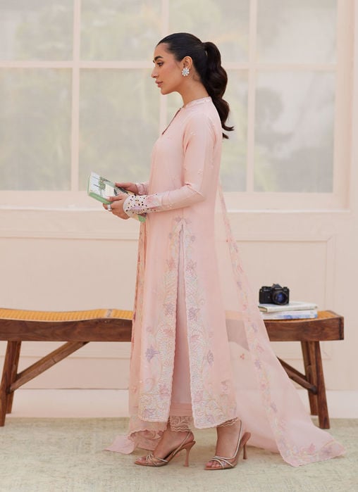 Egyption Blue Column Shirt With Pure Organza Embroidered Dupatta