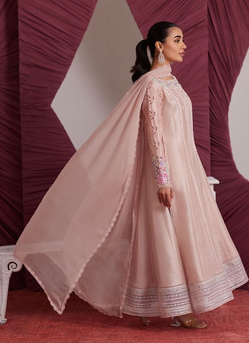 Elea Peach Embroidered Raw Silk Shirt And Dupatta