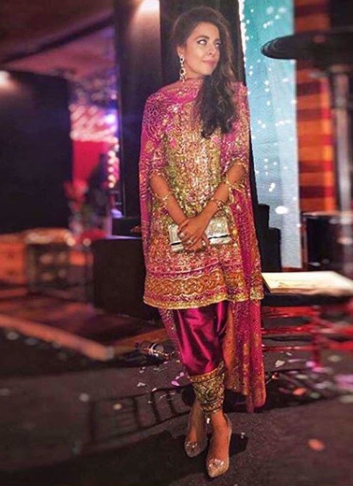 Maliha Aziz In A Kiwi Green And Magenta Kalidaar