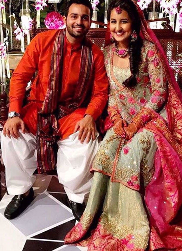 Zara Tariq In A Teal And Magenta Kalidaar Angarkha