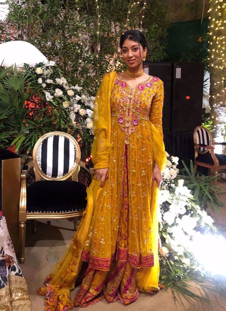 Sofia In A Stunning Saffron Kalidaar With Magenta And Gold Details